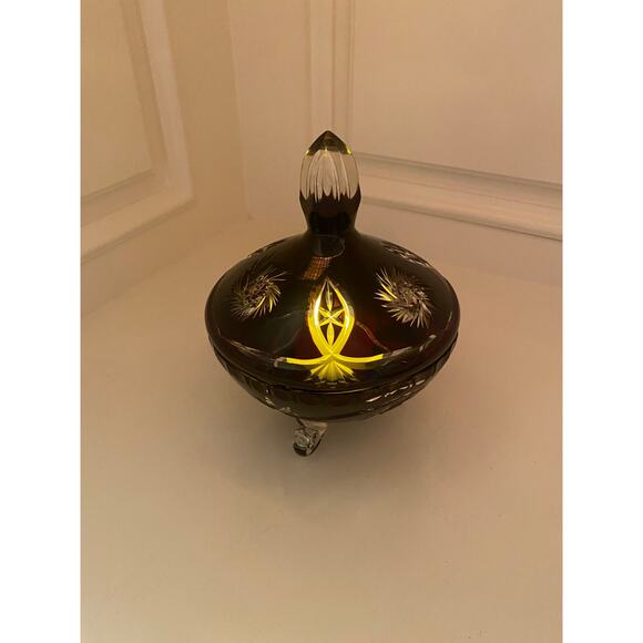 Antique Bohemian Amethyst Cut To Clear Crystal Footed Candy Dish Bowl with Lid - Picture 13 of 14